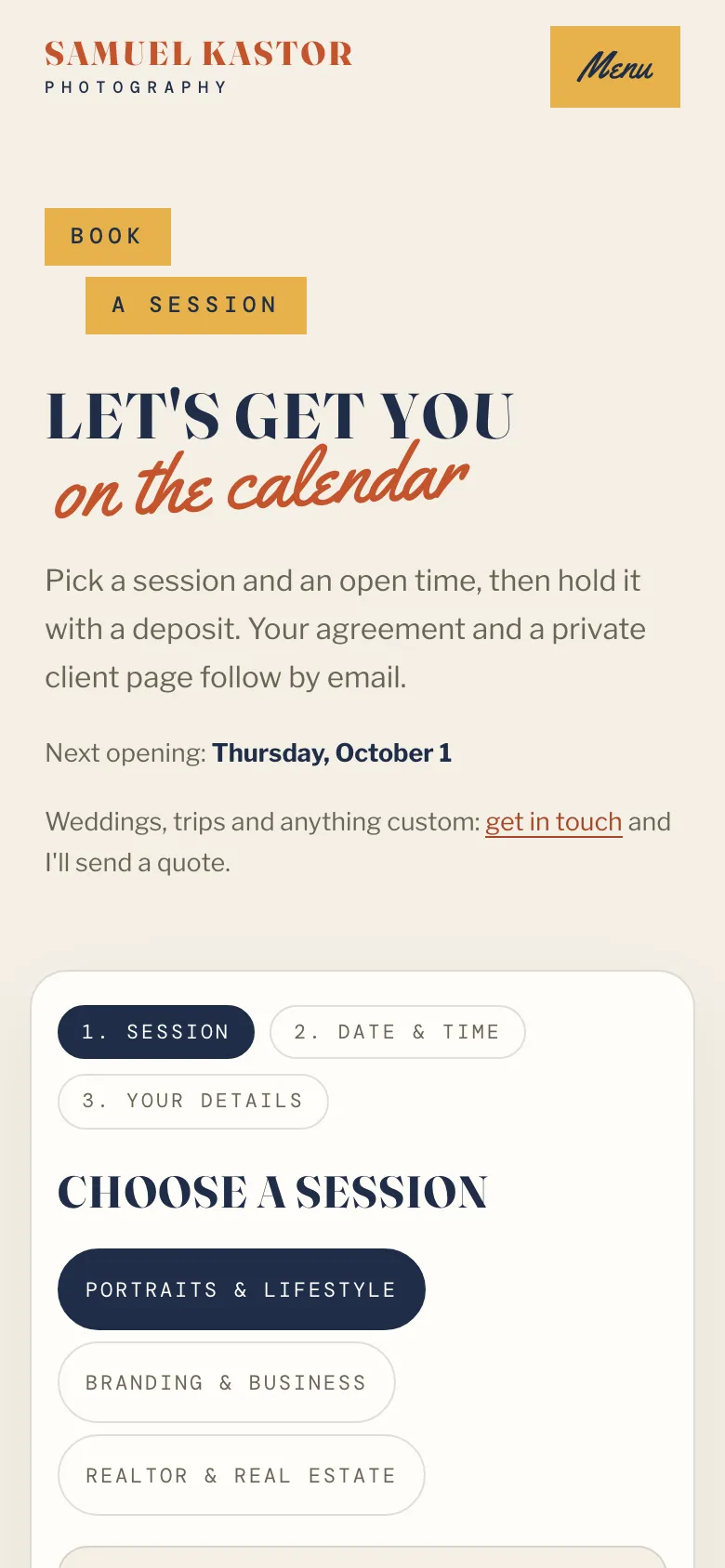 The booking page on a phone.