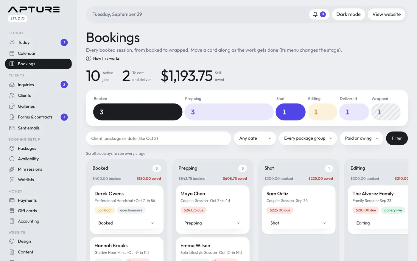 The Bookings board.