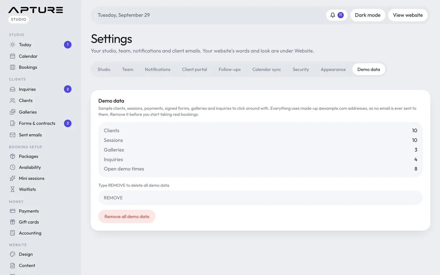 Settings > Demo data.