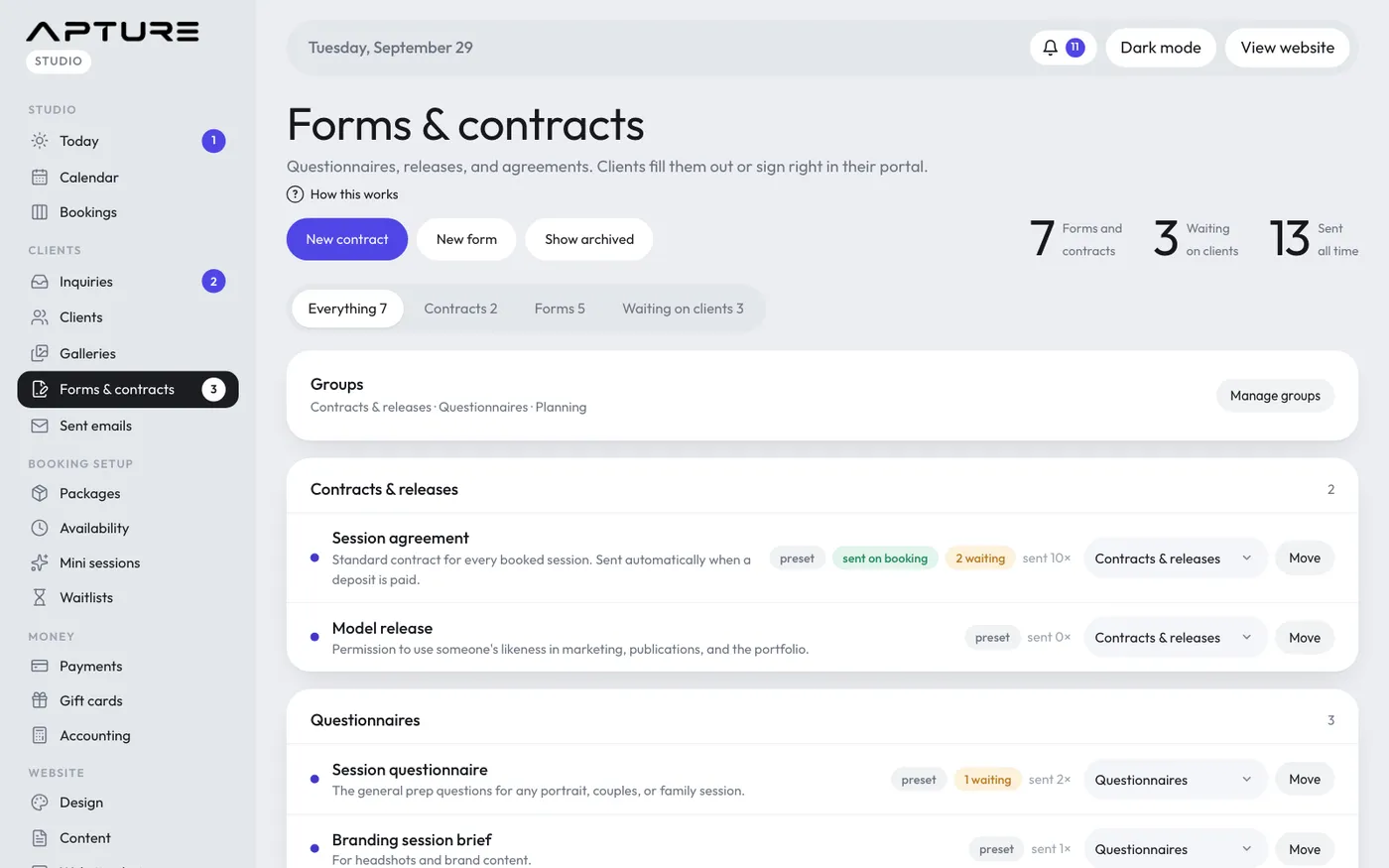 Clients > Forms & contracts.