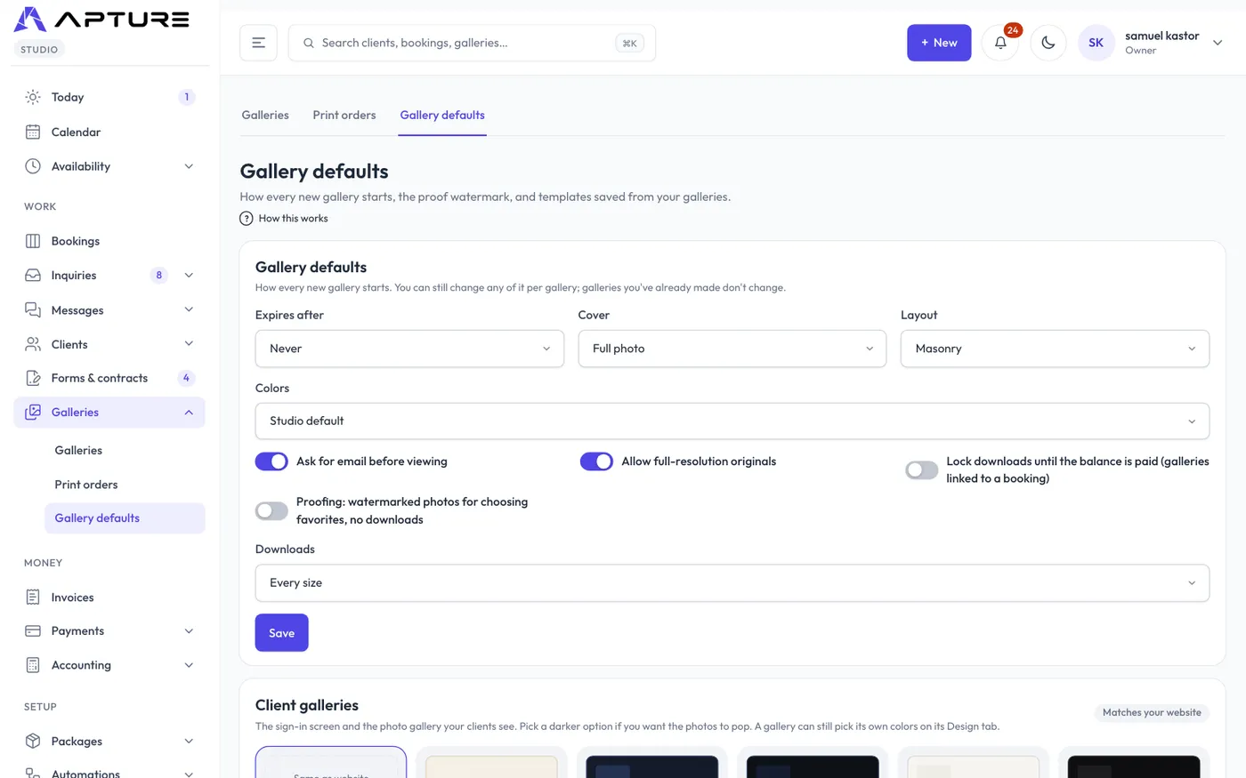 Galleries > Gallery defaults.