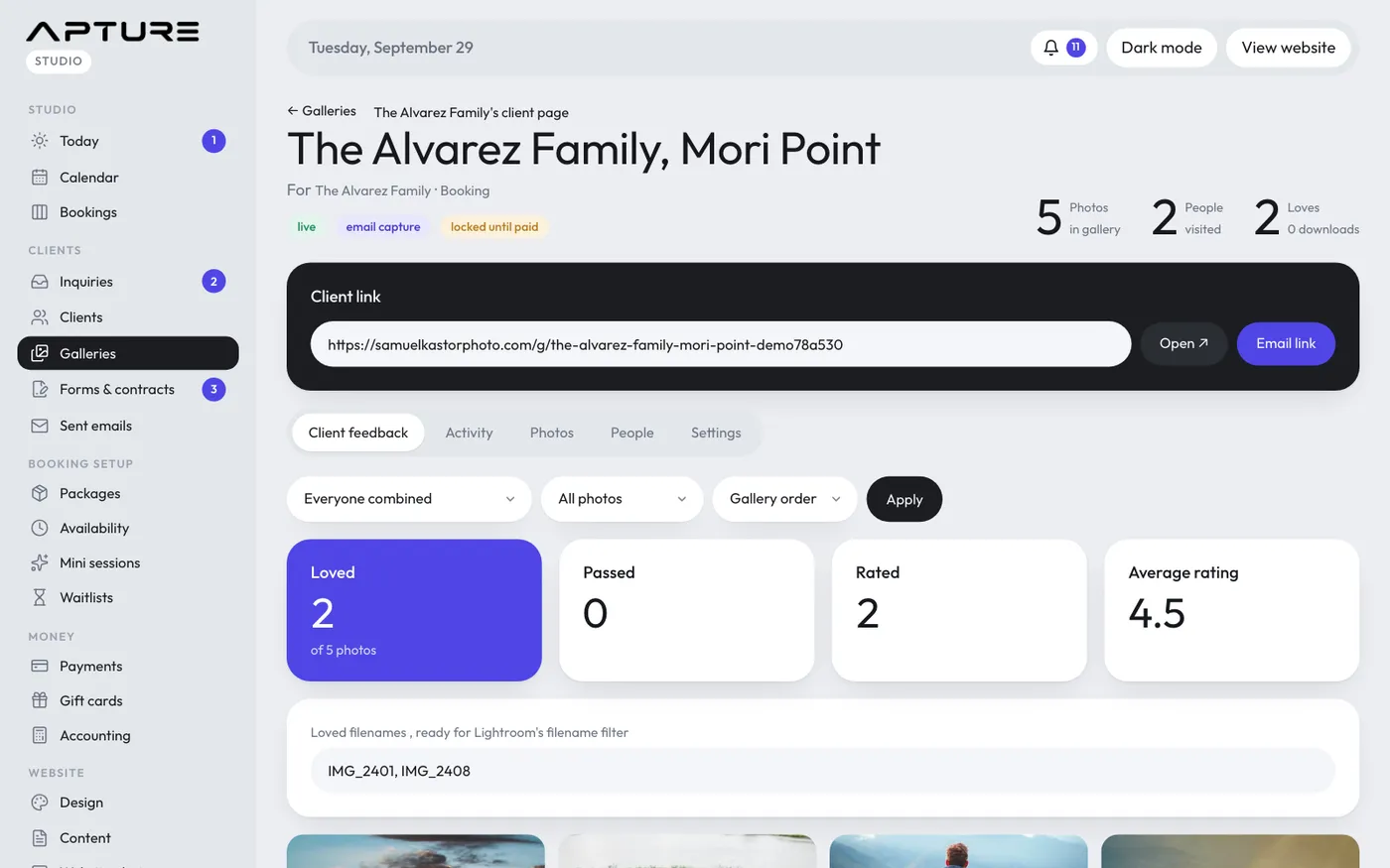 A gallery's page: the client link and what they loved.