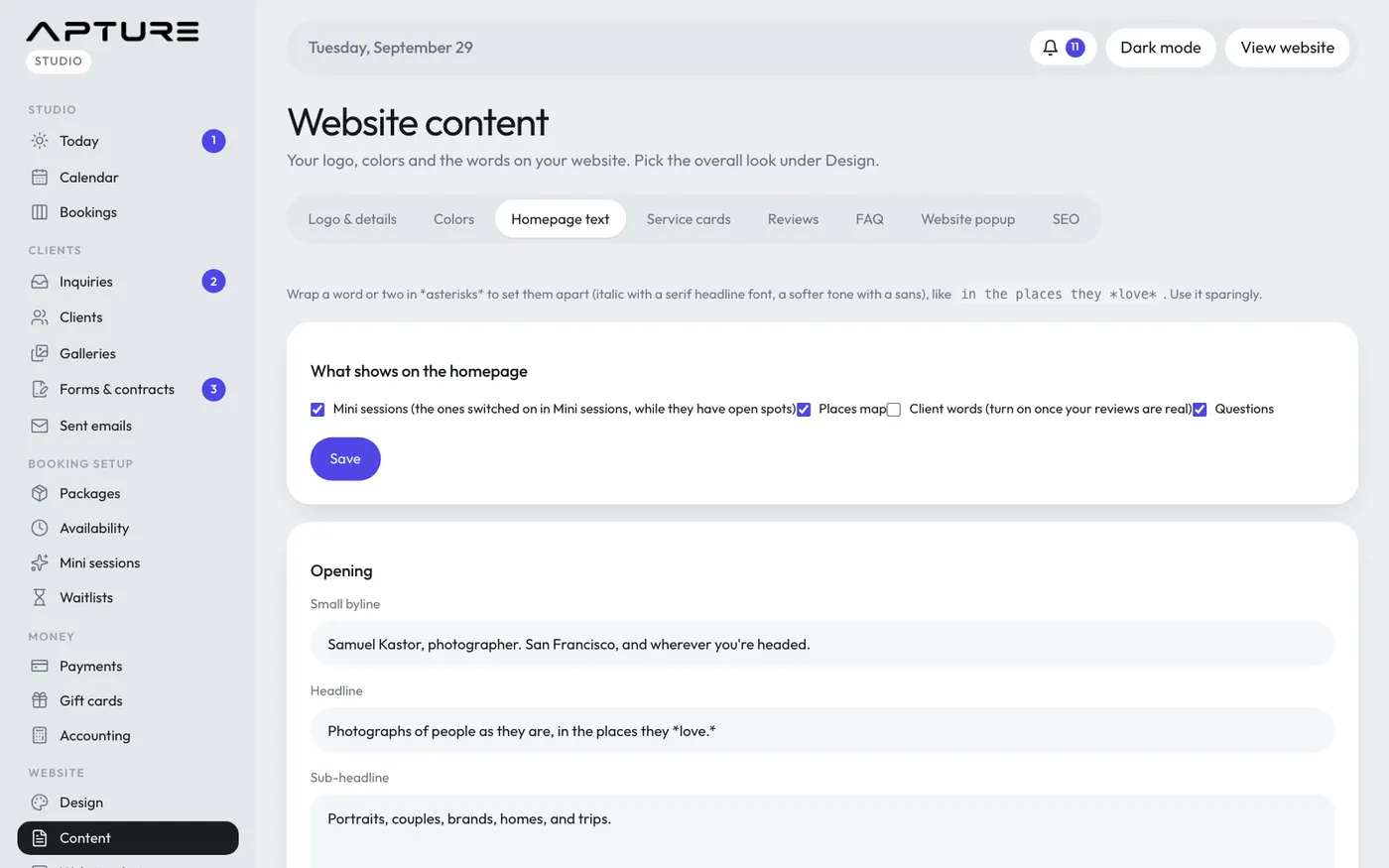 Website > Content > Homepage text.