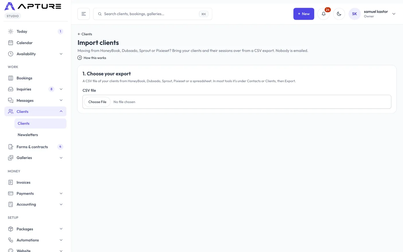 Importing clients from a spreadsheet, with a preview of every row