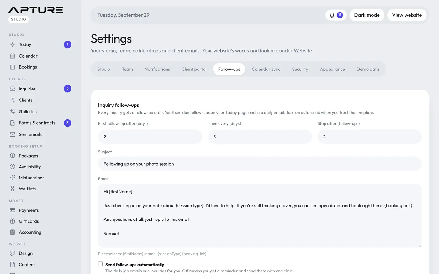 Settings > Follow-ups.