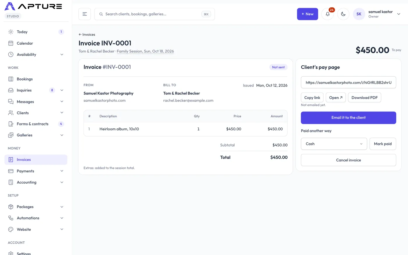 An invoice, with the client's pay page.