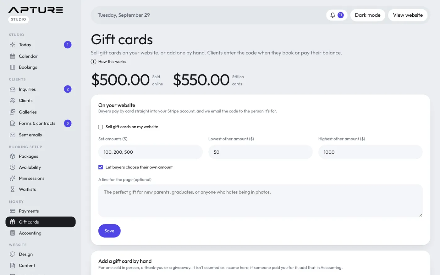Money > Gift cards.