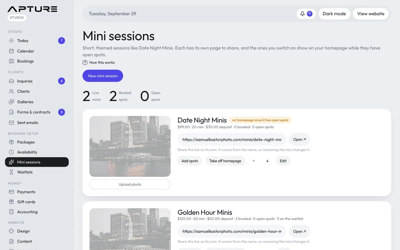 Booking setup > Mini sessions.