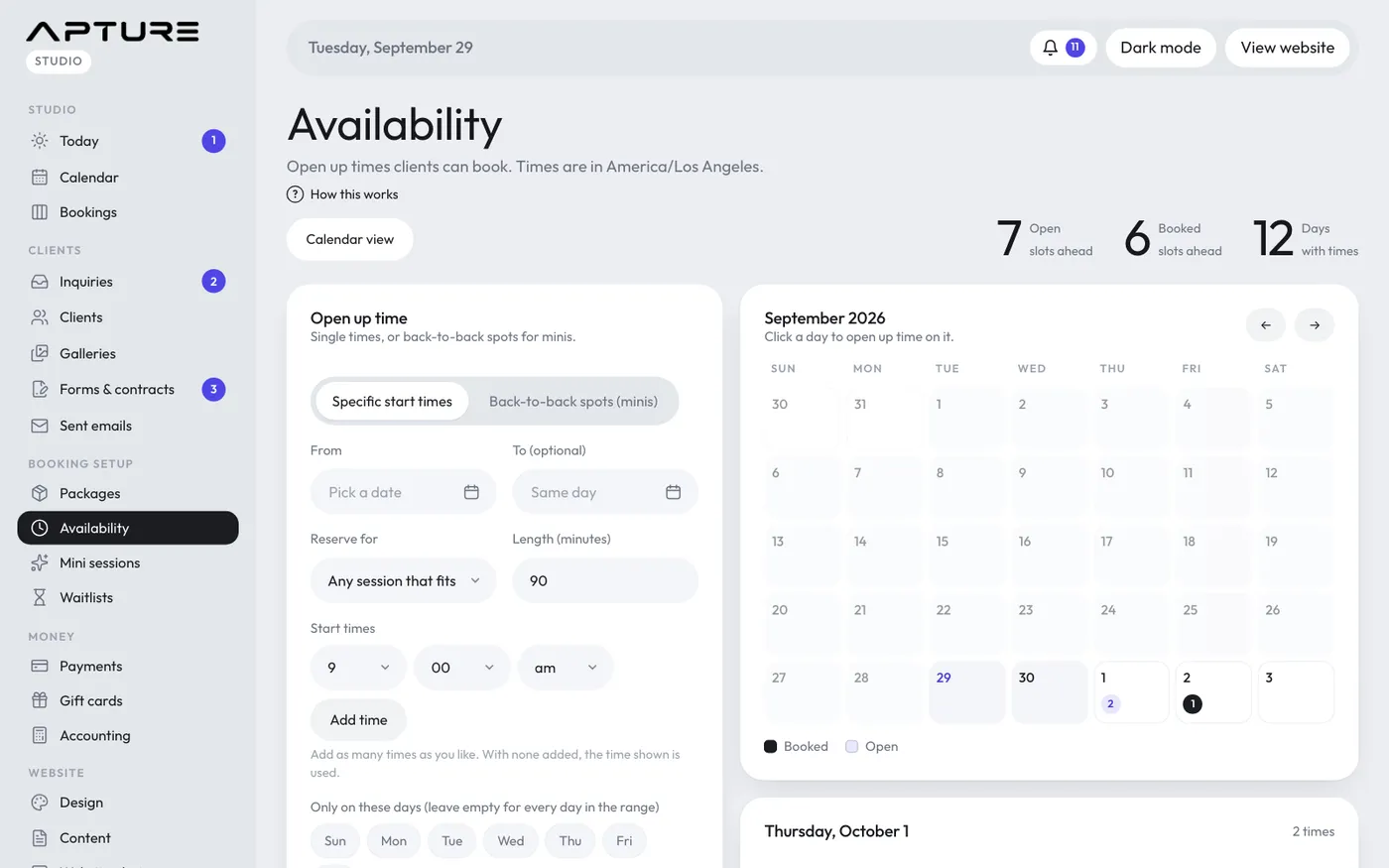 Booking setup > Availability.