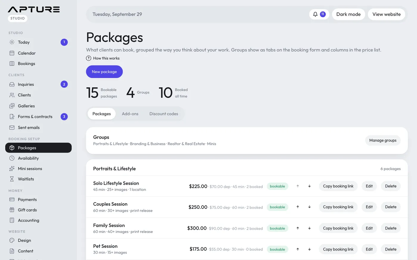 Booking setup > Packages.