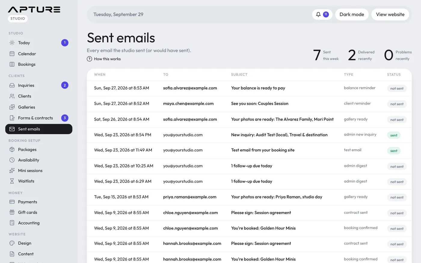 Clients > Sent emails.