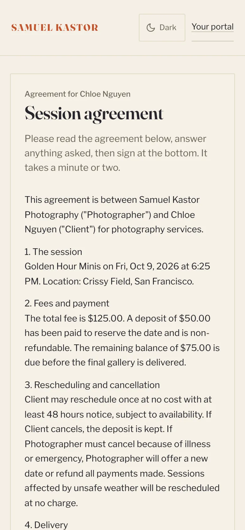 A contract ready to sign, as clients see it on a phone.