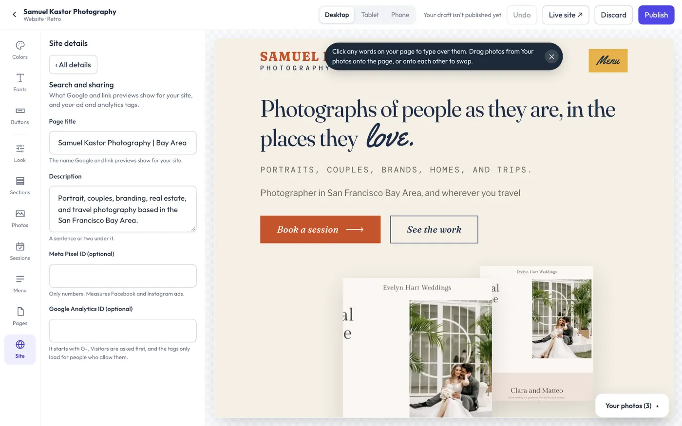Search and sharing in the website builder, with the tracking IDs.