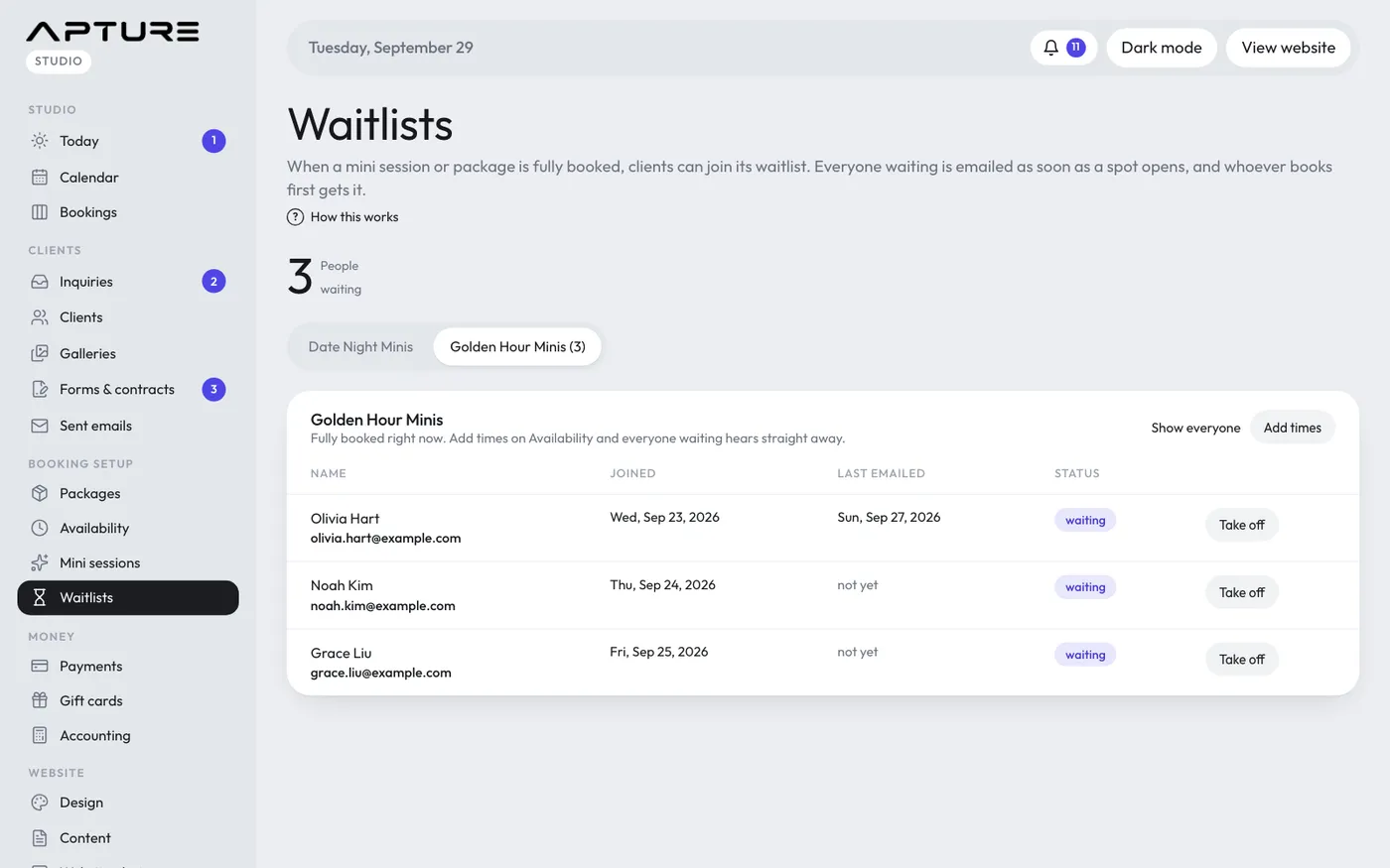 Booking setup > Waitlists.