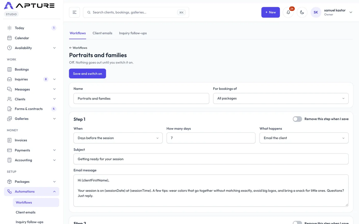 Automations > Workflows, editing a workflow's steps.