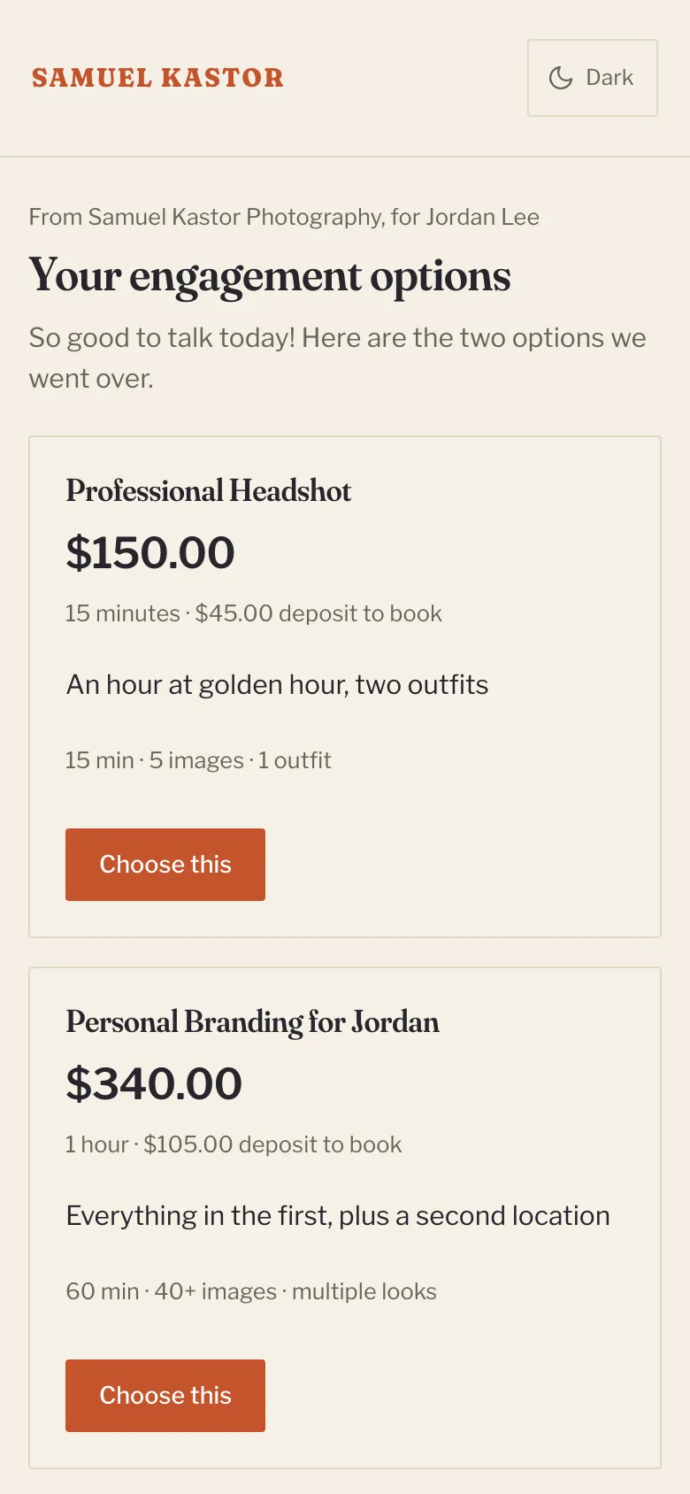 A proposal with options side by side, on a phone.