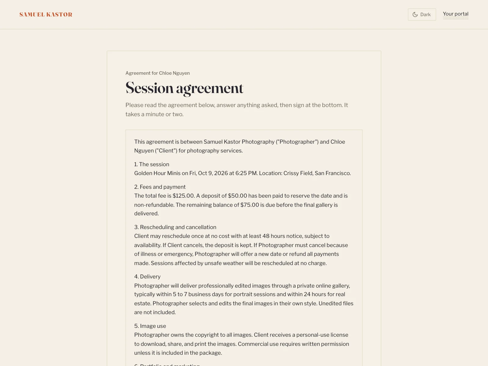 A contract ready to sign online